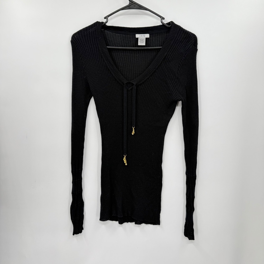 Cache Black Long Sleeve Ribbed Knit‎ V Neck Tie Detail Sweater Womens Size M